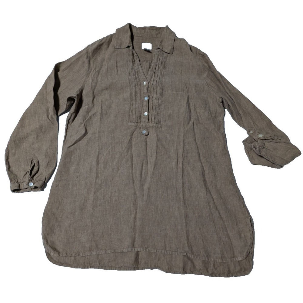 VTG CHICOS LINEN Brown Long Sleeve Button Popover Tunic -Women 2 US 12/14 Large